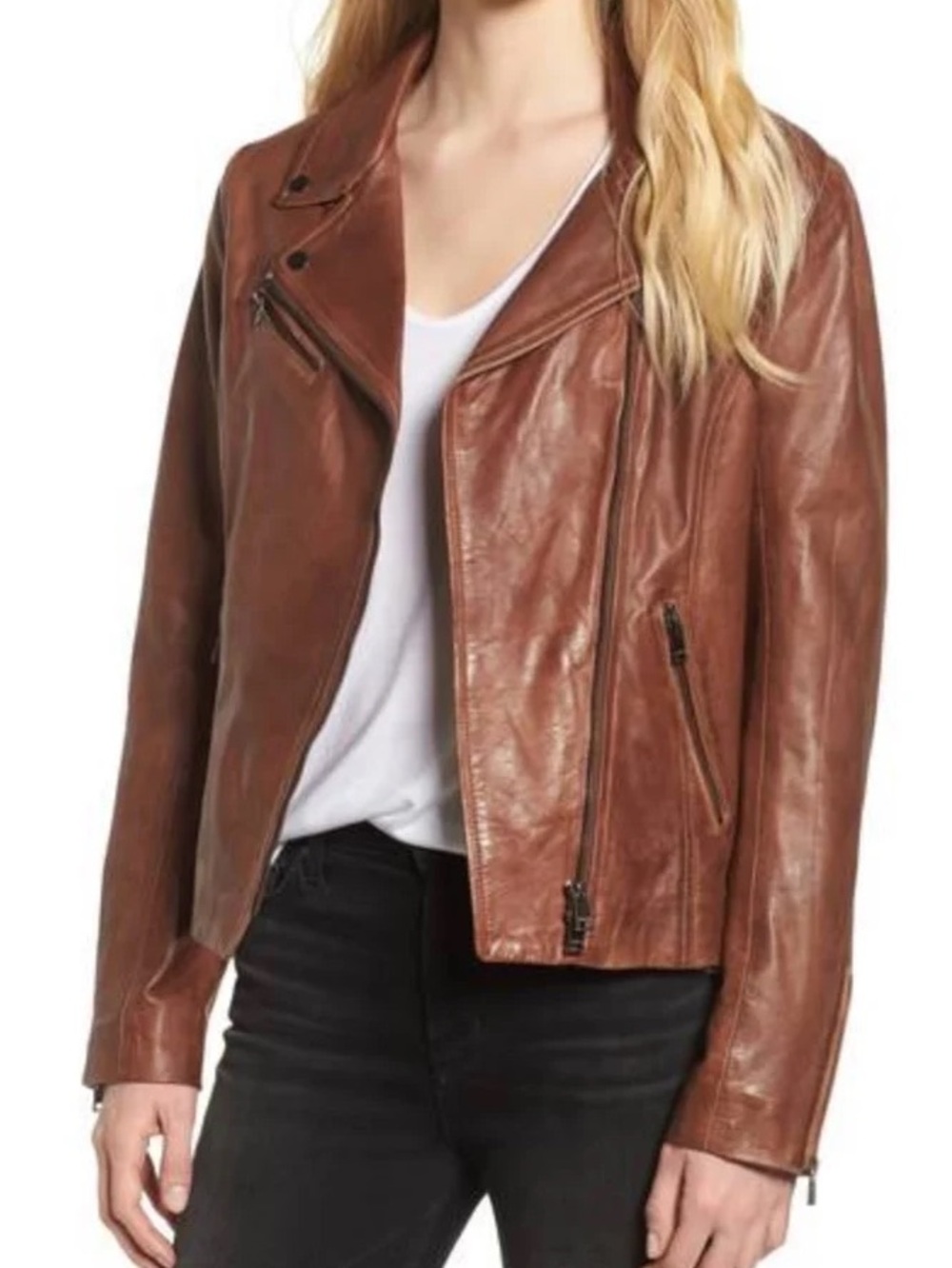 Fossil Women's Cognac Leather Asymmetrical Zip Jacket